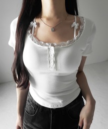 【 2color 】ストラップダブルリボンスクエアネックTシャツ / strap double ribbon square neck T-shirt