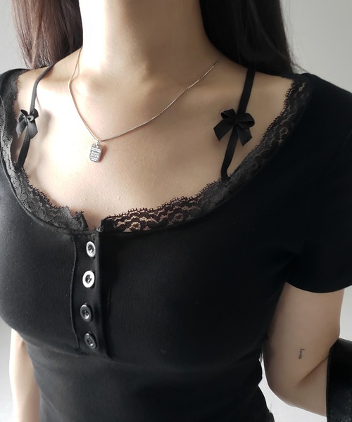 me+em select(ミームセレクト)の「【 2color 】ストラップダブルリボンスクエアネックTシャツ / strap double ribbon square neck T-shirt(Tシャツ/カットソー・レディース・ブラック/ホワイト・FREE)」の12枚目の写真