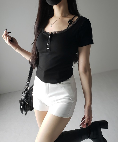 me+em select(ミームセレクト)の「【 2color 】ストラップダブルリボンスクエアネックTシャツ / strap double ribbon square neck T-shirt(Tシャツ/カットソー・レディース・ブラック/ホワイト・FREE)」の14枚目の写真