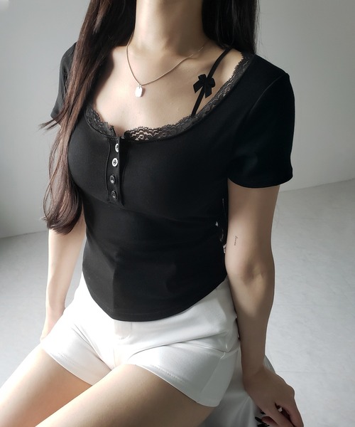 me+em select(ミームセレクト)の「【 2color 】ストラップダブルリボンスクエアネックTシャツ / strap double ribbon square neck T-shirt(Tシャツ/カットソー・レディース・ブラック/ホワイト・FREE)」の17枚目の写真