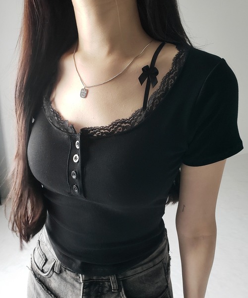 me+em select(ミームセレクト)の「【 2color 】ストラップダブルリボンスクエアネックTシャツ / strap double ribbon square neck T-shirt(Tシャツ/カットソー・レディース・ブラック/ホワイト・FREE)」の18枚目の写真