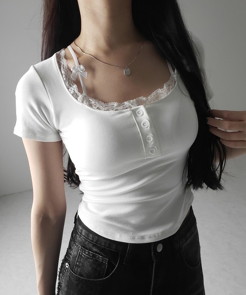 me+em select(ミームセレクト)の「【 2color 】ストラップダブルリボンスクエアネックTシャツ / strap double ribbon square neck T-shirt(Tシャツ/カットソー・レディース・ブラック/ホワイト・FREE)」の5枚目の写真