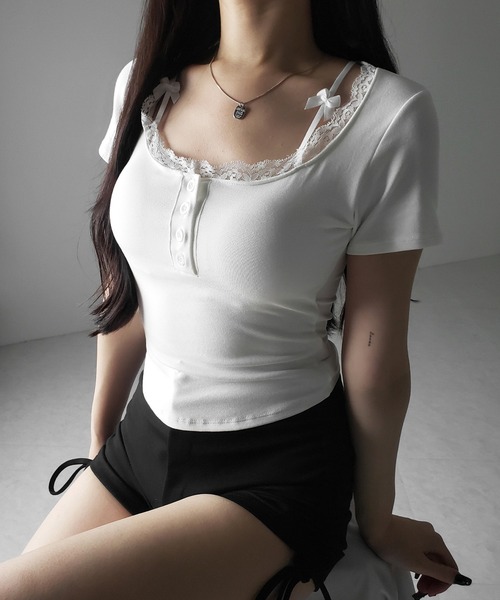 me+em select(ミームセレクト)の「【 2color 】ストラップダブルリボンスクエアネックTシャツ / strap double ribbon square neck T-shirt(Tシャツ/カットソー・レディース・ブラック/ホワイト・FREE)」の10枚目の写真