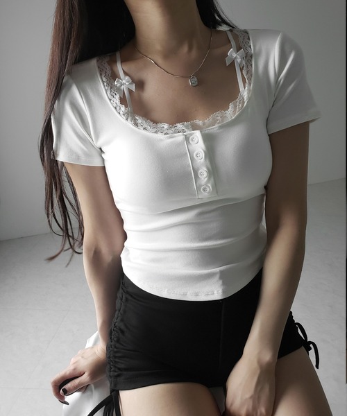 me+em select(ミームセレクト)の「【 2color 】ストラップダブルリボンスクエアネックTシャツ / strap double ribbon square neck T-shirt(Tシャツ/カットソー・レディース・ブラック/ホワイト・FREE)」の11枚目の写真