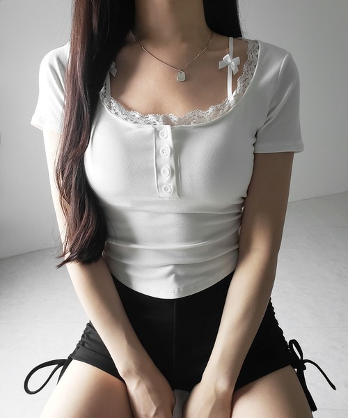 me+em select(ミームセレクト)の「【 2color 】ストラップダブルリボンスクエアネックTシャツ / strap double ribbon square neck T-shirt(Tシャツ/カットソー・レディース・ブラック/ホワイト・FREE)」の9枚目の写真