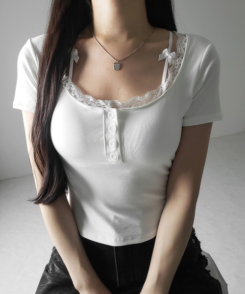 me+em select(ミームセレクト)の「【 2color 】ストラップダブルリボンスクエアネックTシャツ / strap double ribbon square neck T-shirt(Tシャツ/カットソー・レディース・ブラック/ホワイト・FREE)」の7枚目の写真