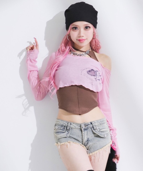 Diable baiser(ディアブルベーゼ)の「透けトップス×キャミ2点セット(Tシャツ/カットソー・レディース・ホワイト/ブルー/ピンク・FREE)」の1枚目の写真