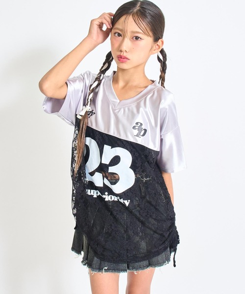 ANAP GｉRL（アナップガール）の「レース 切り替え ゲームシャツ【キッズお揃い】（Tシャツ/カットソー・キッズ・ネイビー/ライトピンク/グレー・M/S/XS）」の2枚目の写真