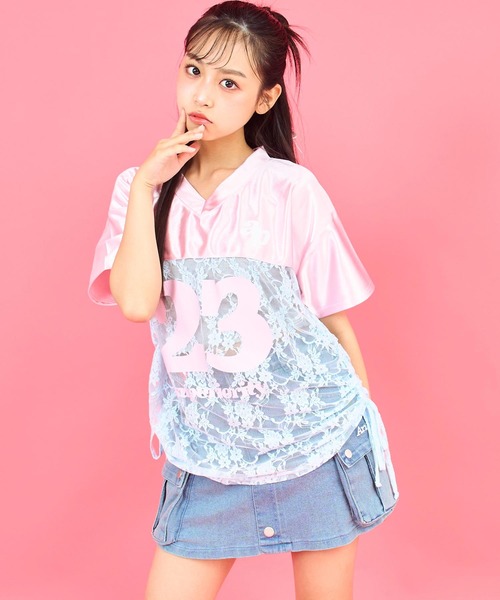 ANAP GｉRL（アナップガール）の「レース 切り替え ゲームシャツ【キッズお揃い】（Tシャツ/カットソー・キッズ・ネイビー/ライトピンク/グレー・M/S/XS）」の3枚目の写真