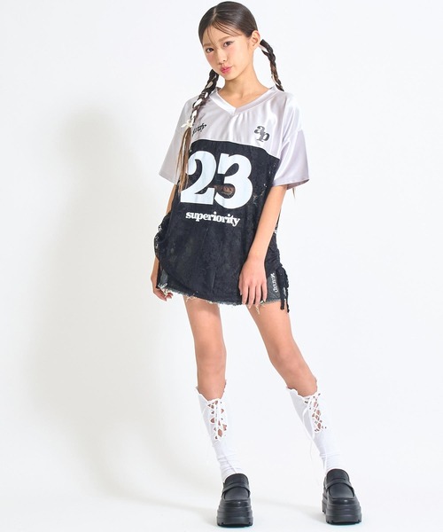 ANAP GｉRL（アナップガール）の「レース 切り替え ゲームシャツ【キッズお揃い】（Tシャツ/カットソー・キッズ・ネイビー/ライトピンク/グレー・M/S/XS）」の12枚目の写真