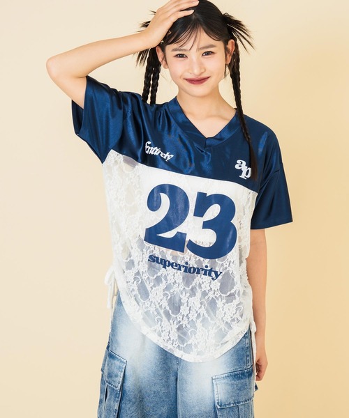 ANAP GｉRL（アナップガール）の「レース 切り替え ゲームシャツ【キッズお揃い】（Tシャツ/カットソー・キッズ・ネイビー/ライトピンク/グレー・M/S/XS）」の13枚目の写真