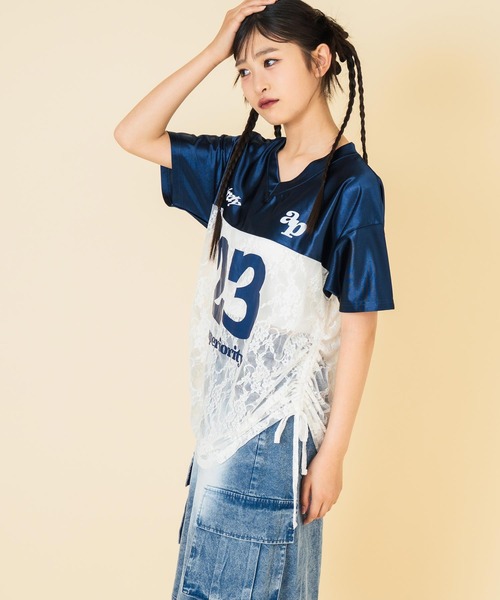 ANAP GｉRL（アナップガール）の「レース 切り替え ゲームシャツ【キッズお揃い】（Tシャツ/カットソー・キッズ・ネイビー/ライトピンク/グレー・M/S/XS）」の14枚目の写真