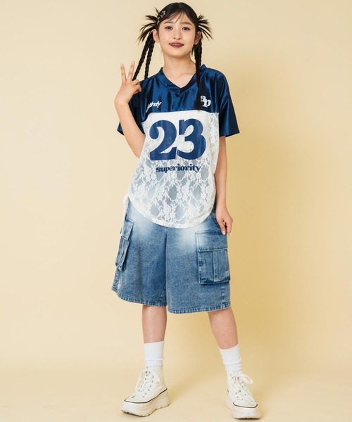 ANAP GｉRL（アナップガール）の「レース 切り替え ゲームシャツ【キッズお揃い】（Tシャツ/カットソー・キッズ・ネイビー/ライトピンク/グレー・M/S/XS）」の16枚目の写真