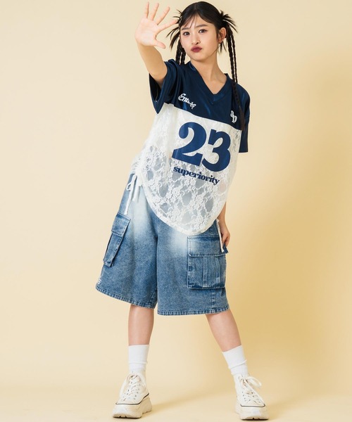 ANAP GｉRL（アナップガール）の「レース 切り替え ゲームシャツ【キッズお揃い】（Tシャツ/カットソー・キッズ・ネイビー/ライトピンク/グレー・M/S/XS）」の17枚目の写真