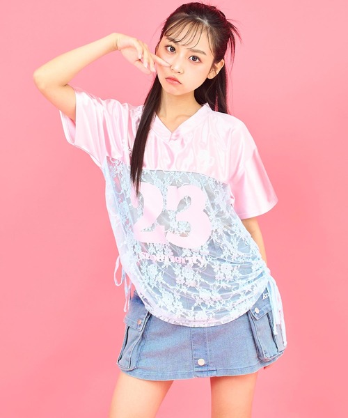 ANAP GｉRL（アナップガール）の「レース 切り替え ゲームシャツ【キッズお揃い】（Tシャツ/カットソー・キッズ・ネイビー/ライトピンク/グレー・M/S/XS）」の18枚目の写真