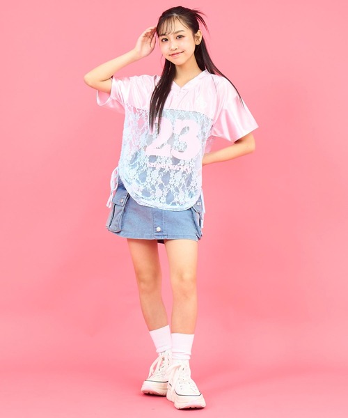 ANAP GｉRL（アナップガール）の「レース 切り替え ゲームシャツ【キッズお揃い】（Tシャツ/カットソー・キッズ・ネイビー/ライトピンク/グレー・M/S/XS）」の19枚目の写真