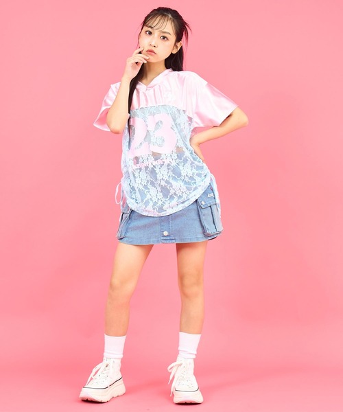 ANAP GｉRL（アナップガール）の「レース 切り替え ゲームシャツ【キッズお揃い】（Tシャツ/カットソー・キッズ・ネイビー/ライトピンク/グレー・M/S/XS）」の20枚目の写真