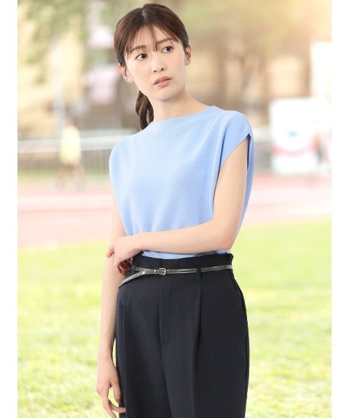 m.f.editorial(エムエフエディトリアル)の「【UVカット 接触冷感 アンチピリング】m.f.エディトリアル レディース 無縫製ガーター フレンチ袖 クルーニット(ニット/セーター・レディース・ブラック/サックスブルー/ベージュ・LARGE/MEDIUM)」の1枚目の写真