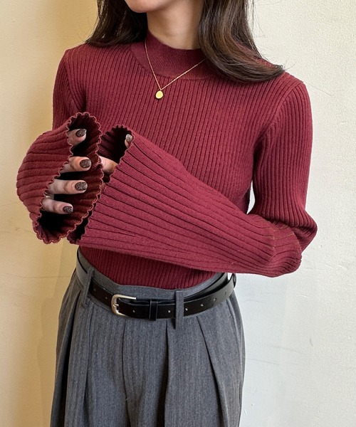 RANAN（ラナン）の「フレア袖バイカラーリブニット（ニット/セーター・レディース・グレー/ボルドー/ベージュ・M/L/LL）」の15枚目の写真