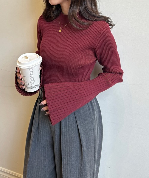 RANAN（ラナン）の「フレア袖バイカラーリブニット（ニット/セーター・レディース・グレー/ボルドー/ベージュ・M/L/LL）」の16枚目の写真