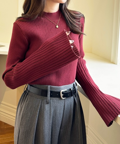 RANAN（ラナン）の「フレア袖バイカラーリブニット（ニット/セーター・レディース・グレー/ボルドー/ベージュ・M/L/LL）」の14枚目の写真