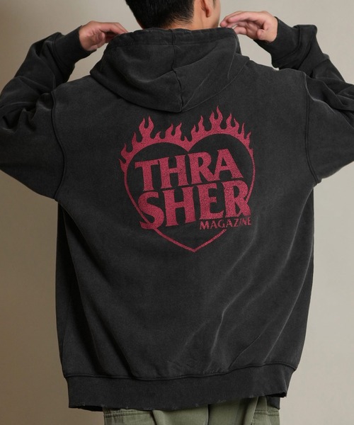 THRASHER(スラッシャー)の「THRASHER/スラッシャー ジップアップ パーカー スウェット フーディー ロゴ バックプリント ピグメント加工 ミニ裏毛 254TH1PK070(パーカー・メンズ・ホワイト/レッド/イエロー・XL/L/M)」の3枚目の写真