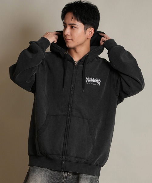 STONE  黒 サテン　ナイロンパーカー　新品 THRASHER/スラッシャー ジップアップ パーカー スウェット