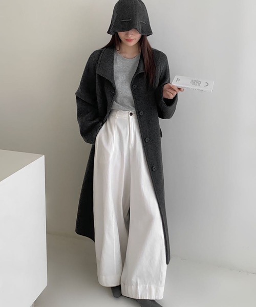 LOWO(ロワ)の「2WAYポシェット付き 帽子 ハット ロング丈 ウールコート(ステンカラーコート・レディース・チャコールグレー/ライトベージュ/ピンク・FREE)」の2枚目の写真