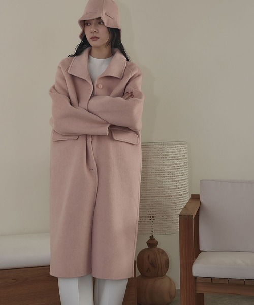 LOWO(ロワ)の「2WAYポシェット付き 帽子 ハット ロング丈 ウールコート(ステンカラーコート・レディース・チャコールグレー/ライトベージュ/ピンク・FREE)」の9枚目の写真
