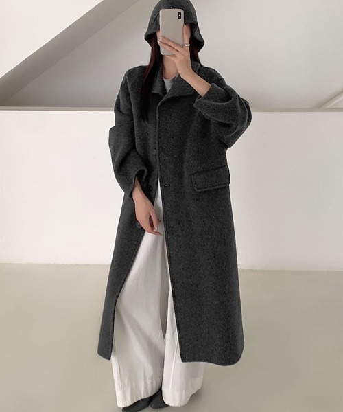 LOWO(ロワ)の「2WAYポシェット付き 帽子 ハット ロング丈 ウールコート(ステンカラーコート・レディース・チャコールグレー/ライトベージュ/ピンク・FREE)」の12枚目の写真