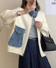 デニムパッチワーク フルジッパー ルーズフィット ニットカーディガン