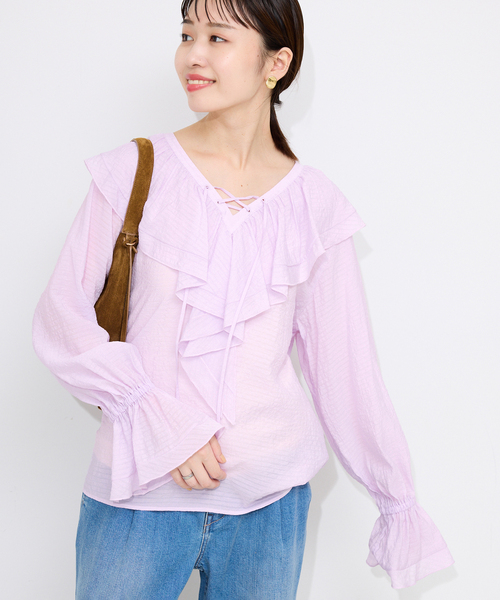 SLOBE IENA（スローブイエナ）の「ラッフルレースアップブラウス（シャツ/ブラウス・レディース・ブラック/パープル・FREE）」の2枚目の写真