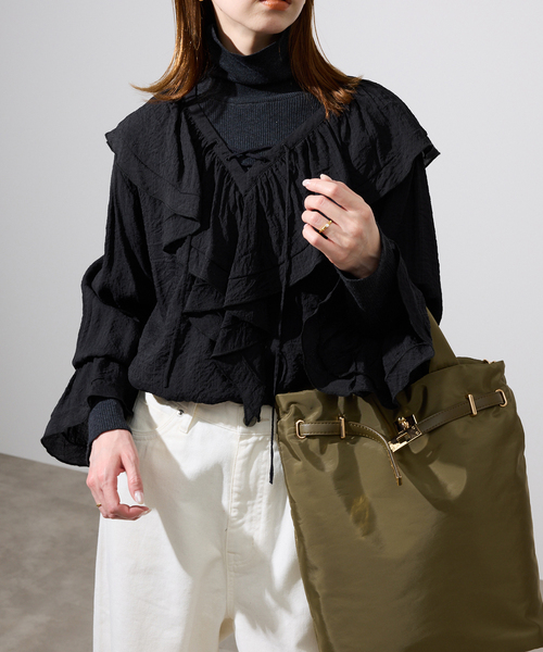 SLOBE IENA（スローブイエナ）の「ラッフルレースアップブラウス（シャツ/ブラウス・レディース・ブラック/パープル・FREE）」の7枚目の写真
