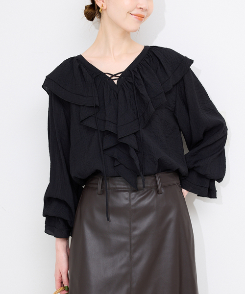 SLOBE IENA（スローブイエナ）の「ラッフルレースアップブラウス（シャツ/ブラウス・レディース・ブラック/パープル・FREE）」の12枚目の写真