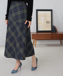 斜め切替チェック柄フレアスカート