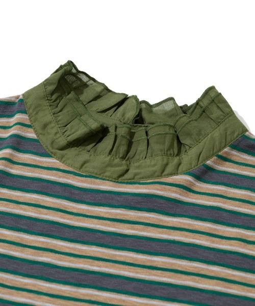 CUBE SUGAR（キューブシュガー）の「CUBE SUGAR/キューブシュガー　ショートスラブ フライス ボーダー 衿フリル長袖クルー（Tシャツ/カットソー・レディース・ブラック/ベージュ・FREE）」の3枚目の写真