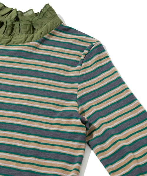 CUBE SUGAR（キューブシュガー）の「CUBE SUGAR/キューブシュガー　ショートスラブ フライス ボーダー 衿フリル長袖クルー（Tシャツ/カットソー・レディース・ブラック/ベージュ・FREE）」の4枚目の写真