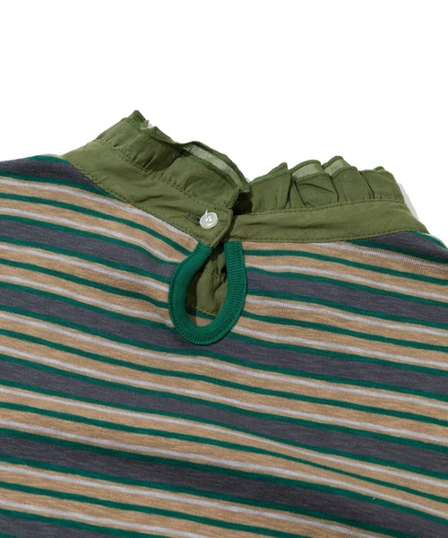 CUBE SUGAR（キューブシュガー）の「CUBE SUGAR/キューブシュガー　ショートスラブ フライス ボーダー 衿フリル長袖クルー（Tシャツ/カットソー・レディース・ブラック/ベージュ・FREE）」の10枚目の写真