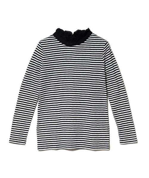 CUBE SUGAR（キューブシュガー）の「CUBE SUGAR/キューブシュガー　ショートスラブ フライス ボーダー 衿フリル長袖クルー（Tシャツ/カットソー・レディース・ブラック/ベージュ・FREE）」の11枚目の写真