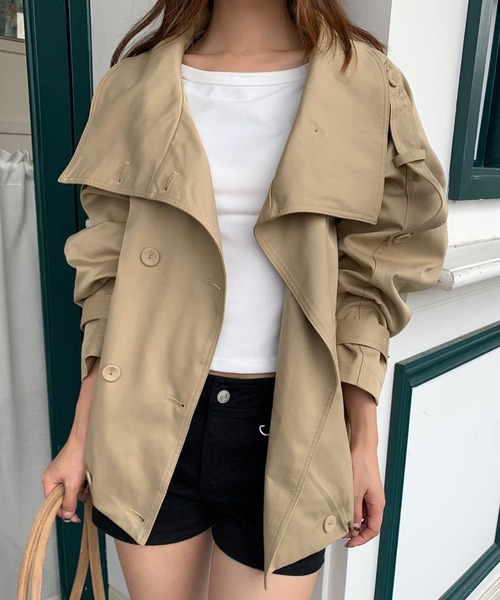 セール】韓国風ショートトレンチジャケット／スタンドカラーデザイン