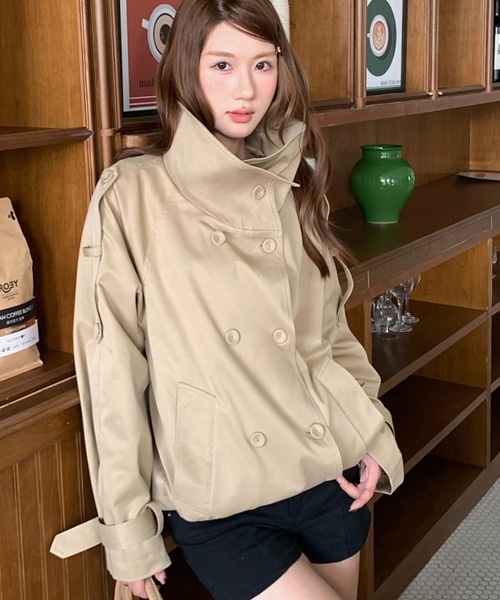 セール】韓国風ショートトレンチジャケット／スタンドカラーデザイン