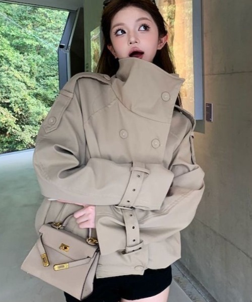 セール】韓国風ショートトレンチジャケット／スタンドカラーデザイン