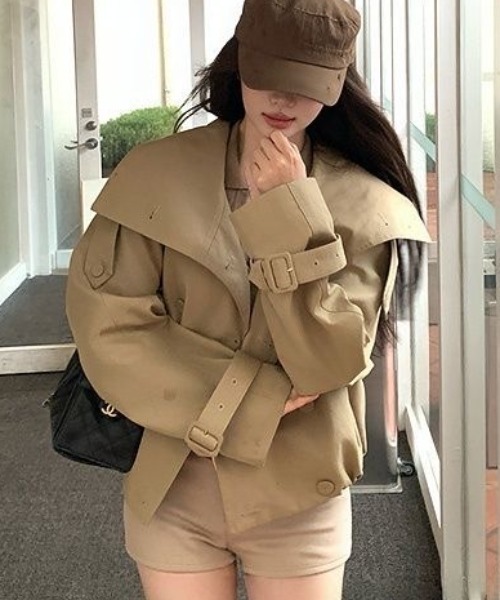 セール】韓国風ショートトレンチジャケット／スタンドカラーデザイン