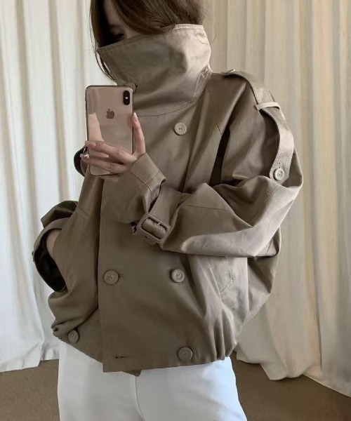 セール】韓国風ショートトレンチジャケット／スタンドカラーデザイン