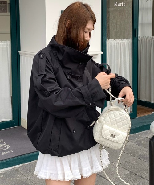 セール】韓国風ショートトレンチジャケット／スタンドカラーデザイン