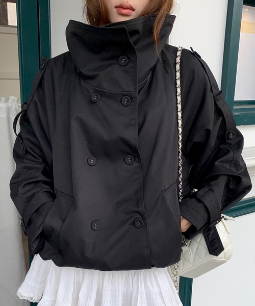 セール】韓国風ショートトレンチジャケット／スタンドカラーデザイン