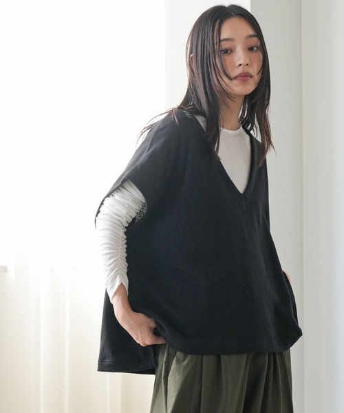 mili an deni（ミリアンデニ）の「裏毛Vネックベスト（ベスト・レディース・オートミール/ブラック/杢グレー・M）」の13枚目の写真
