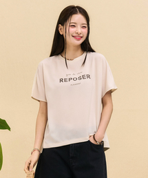 女性レタリングウーブン配色半袖Tシャツ-ベージュ