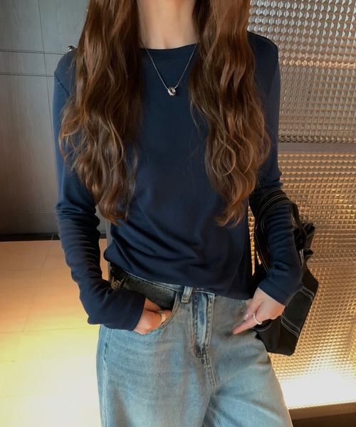 Lace Ladies(レースレディース)の「ソリッドカラー ベーシック 丸首 長袖 プルオーバー(Tシャツ/カットソー・レディース・ネイビー/ベージュ/ダークグレー/マスタード/ピンク/ホワイト/ブラウン/ブラック・FREE)」の7枚目の写真