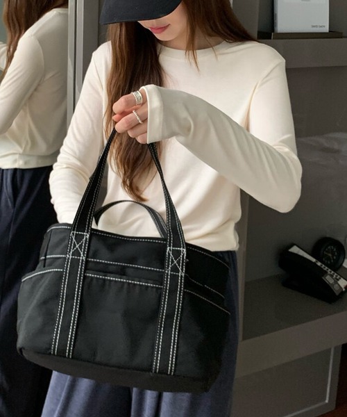 Lace Ladies(レースレディース)の「ソリッドカラー ベーシック 丸首 長袖 プルオーバー(Tシャツ/カットソー・レディース・ネイビー/ベージュ/ダークグレー/マスタード/ピンク/ホワイト/ブラウン/ブラック・FREE)」の2枚目の写真